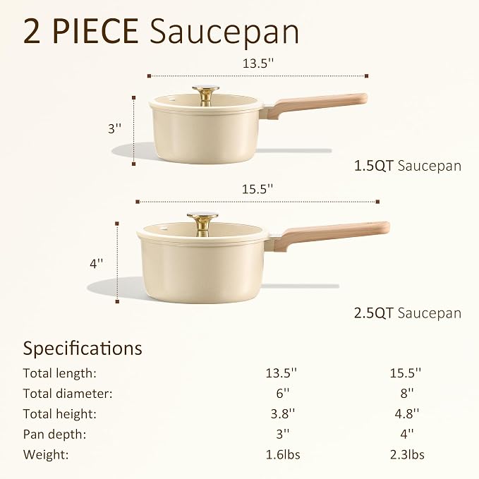 CAROTE Ceramic Nonstick 1.5Qt & 2.5Qt Sauce Pan Sets with Lid | Kitchen Non Toxic Cookware Set with Stay-cool Handle, All Stovetops Compatible, PFOA Free