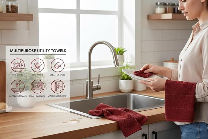 Dark Red Brick Kitchen Hand Dish Towels, Set of 3, 100% Cotton, 18" x 28" | Terry Loop Textured, Soft & Absorbent Cleaning Cloth, Quick Dry, Multipurpose for Everyday Use