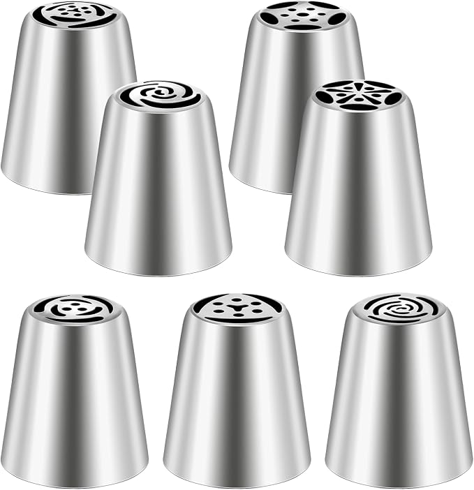 7 Pcs Piping Tips Round Hole Cake Frosting Nozzles Set Stainless Steel Cupcake Decorating Tool Russian Pastry Icing Dispensers for Baking Cookies Puff Cream Bag Filler (Russian medium)