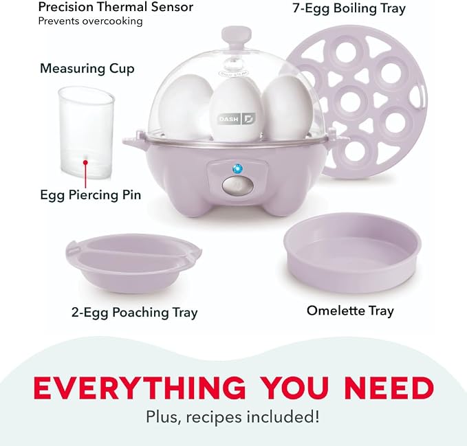 Dash Rapid Egg Cooker, 7 Hard Boiled Eggs, Lavender | Electric Egg Poacher, Boiler, Steamer & Omelette Maker Machine, Soft or Poached Eggs for Breakfast, Auto Shut-Off, BPA-Free