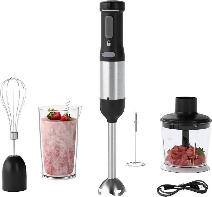 5-in-1 Cordless Immersion Blender with Rechargeable Handheld Battery | Variable-speed 2000mAh Battery，BPA-free&Dishwasher-safe, with Beaker, Chopper, Whisk & Frother for Kitchen, Black