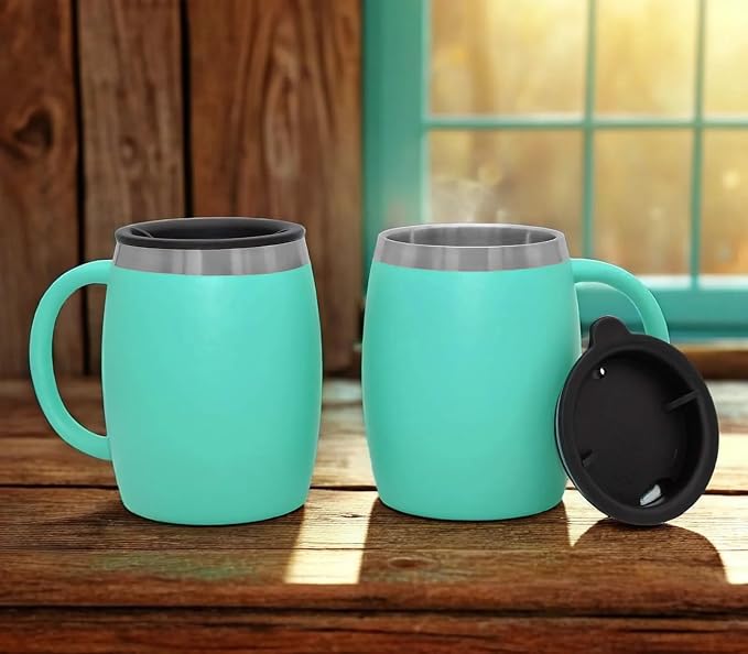Stainless Steel Insulated Coffee Mugs Set of 2 (14oz) Double Wall Coffee Cups With Spill Resistant Lid & Handle – Shatterproof Cups for Cold & Hot Drinks for Indoor & Outdoor Use (Aqua Blue)