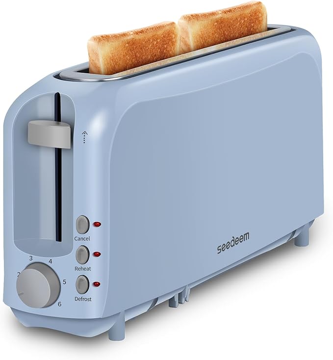SEEDEEM 2 Slice Slim Toaster, 10" Long Slot, 6 Shade Settings, Blue | Long Slot, 6 Shade Settings, Cancel/Reheat/Defrost, Removable Crumb Tray
