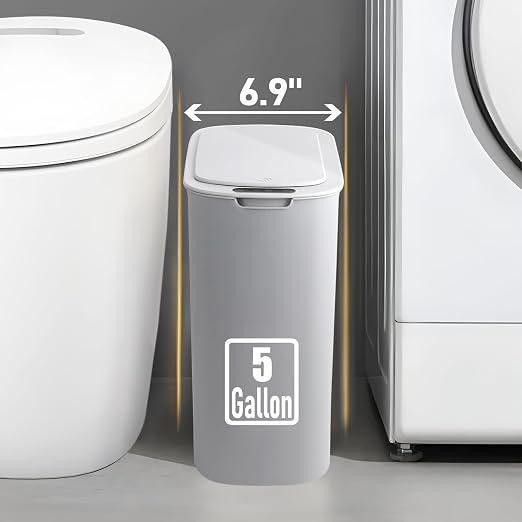 TIPGO 5 Gallon Automatic Bathroom Trash Can with Lid, Gray, Touchless | Motion Sensor, Slim Smart Garbage Bin, Plastic Wastebasket, Battery Operated, Manual Button, for Bedroom, Office,RV
