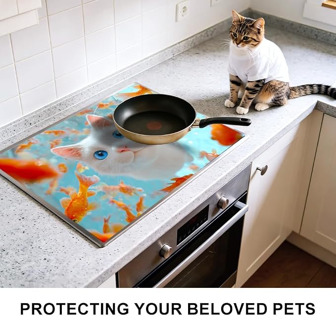White Cat Goldfish Stove Top Cover 28.35x20.47 in Non Slip | Heat Resistant Cooktop Protector Mat with Non-Slip Backing, Scratch Protection and Countertop Drying Mat.