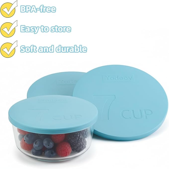 Yodecy Silicone Bowl Lids fit Pyrex Glass Bowls 7402-PC 7 Cup, Yodecy Silicone Bowl Lids fit Anchor Hocking Glass Bowls 7402-PC 7 Cup,Replacement Lids(2 Pack Blue)