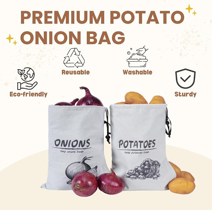 Potato Onion Storage Bag, Reusable Potato and Onion Storage Bag for Pantry, Vegetable Storage Bags with Drawstring Closure, Blackout Liner for Shopping Storage, 2 Packs (Potato Onion Bag)