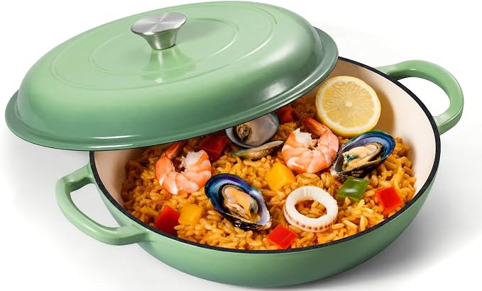 Leonyo 3.6QT Cast Iron Braiser Dutch Oven with Lid, Pistachio Green | Nonstick Enameled Cast Iron Casserole Skillet, Cast Iron Cookware Shallow Dutch Oven with Lid for All Cooktop, Oven Safe