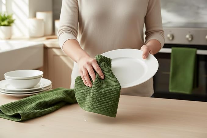 Avocado Forest Green Kitchen Dish Towels, Set of 3, 100% Cotton, 18" x 28" | Terry Loop Ribbed Textured, Soft & Absorbent Cleaning Cloth, Quick Dry, Multipurpose for Everyday Use
