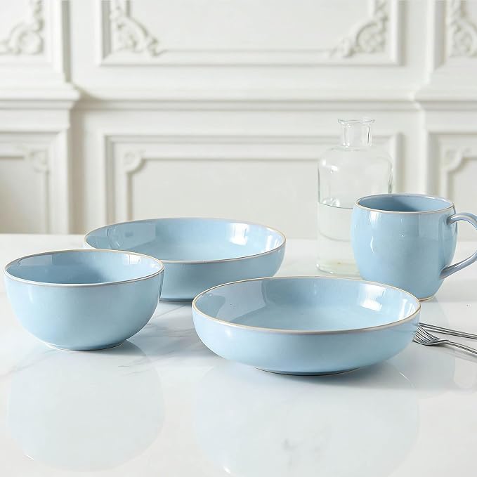 Ceramic Patsa Bowls, 34 oz Salad bowl Set of 4, Stoneware Serving Bowl for Eating, Salad, Rice, Cereal, Kitchen, Serving, Plate Bowls Set, Microwave & Dishwasher Safe, Skyblue