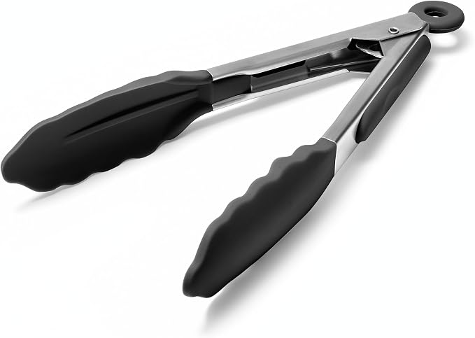 Doosu Kitchen Tongs with Silicone Tips for Cooking Serving (7in, Black) | 600°F Heat Resistant Food Tong, Heavy Duty Stainless Steel Locking Tong for BBQ, Grilling Steak, Salad, Toast, Pasta