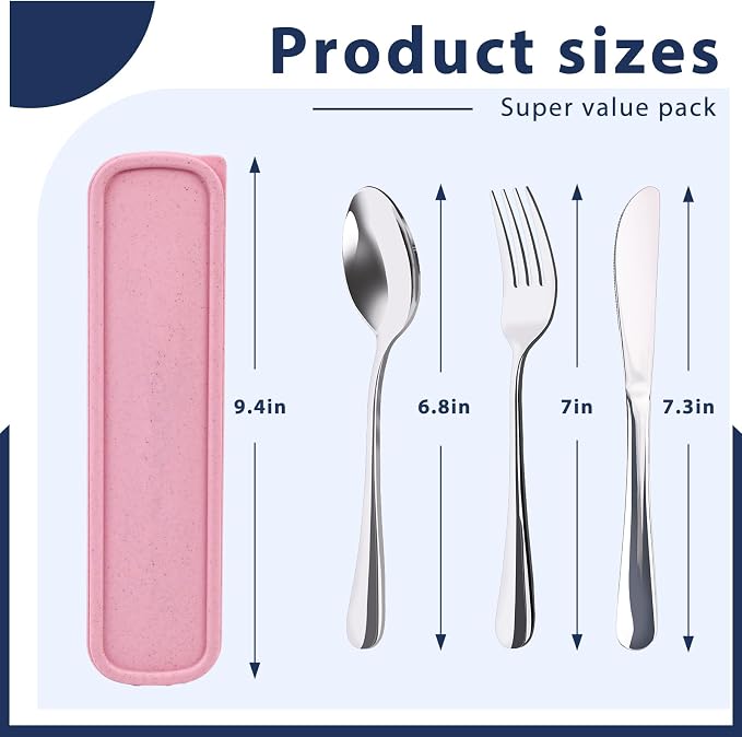 HANSGO Travel Utensils with Case, 4PCS Stainless Steel Portable Cutlery Set, Built-in Card Slot Design, Lunch Utensils for Work, School, Travel & Gifts for Women, Pink