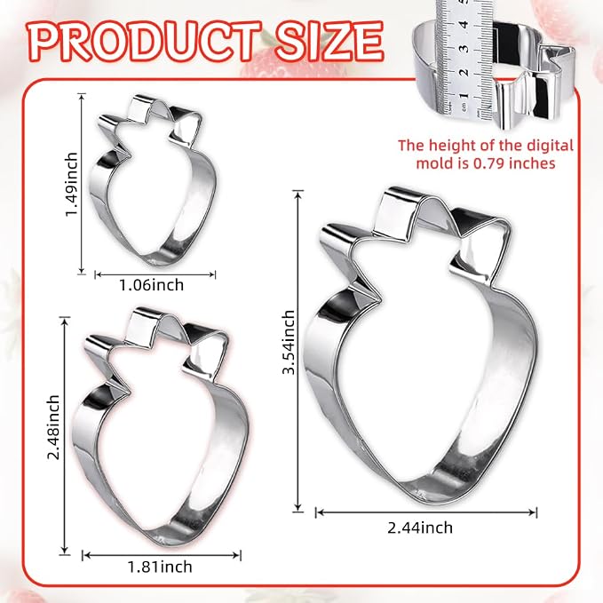 Strawberry Cookie Cutter Set,3PCS(3.5,2.5,1.5Inch) | Strawberry Shaped Cutters for Cookies,Fondant,Clay cutter, Baking Decorating Tools (Metal)