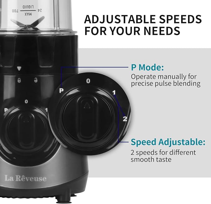 La Reveuse Personal Size Blender with 24oz. To-Go Cup, 300W, Gray, LARB2201 | Making Protein Shakes, Smoothies, Seasonings, Portable BPA-free Cup with (1) Spout Lid, 2 Speed Pulse Switch, Dishwasher Safe