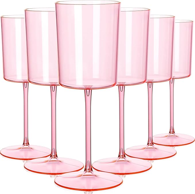 Ciaell 12 Pack Pink Plastic Wine Glasses for Weddings Outdoor Gatherings | 14 oz Pink Stemmed Cups, Heavy Duty Plastic, Wine Champagne Cocktails Beverages for Parties Birthdays Anniversaries