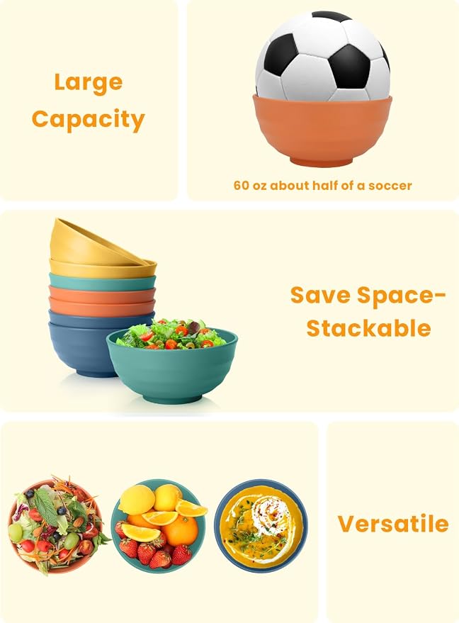 Large Bowls, 60 Oz Salad Bowls, Large Cereal Bowls, 8PCS Unbreakable Wheat Straw Serving Bowls for Pho, Popcorn, Soup & Oatmeal, Microwave & Dishwasher Safe for Kitchen, Camping (Multi)