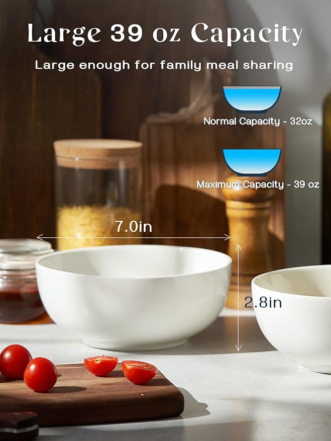 DOWAN 39 OZ Soup Bowls Set of 4 - Large Cereal Bowls, White Ceramic Big and Deep Ramen Bowls for Noodle, Pasta, Salad, Mixed Fruit - Dishwasher & Microwave Safe