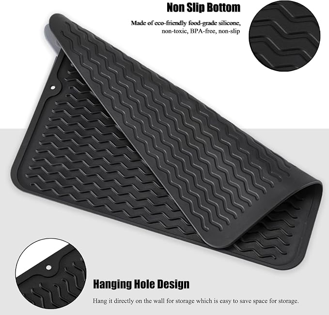 Silicone Dish Drying Mat, Non-Slip Easy Clean Sink Mat, Beige, 24" x 18" | Quick-Dry Ridges, Large Heat-resistant Dish Drainer Mat for Kitchen Counter, Hangable & Roll-Up for Storage, Dishwasher Safe