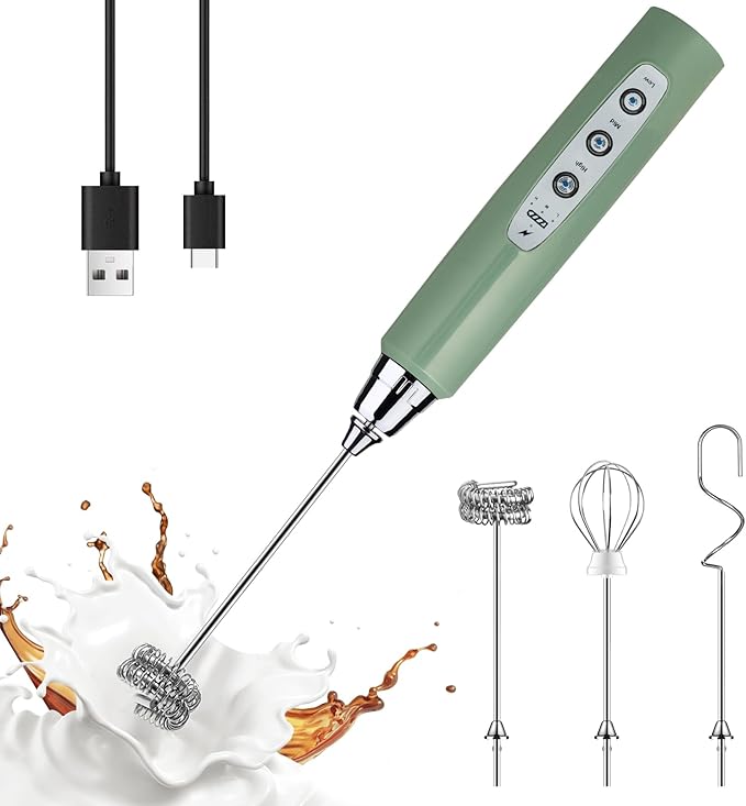 YUSWKO Handheld Milk Frother Wand for Coffee, Rechargeable Electric Whisk with 3 Heads 3 Speeds Drink Mixer Coffee Frother For Latte, Cappuccino, Hot Chocolate, Egg, Granite