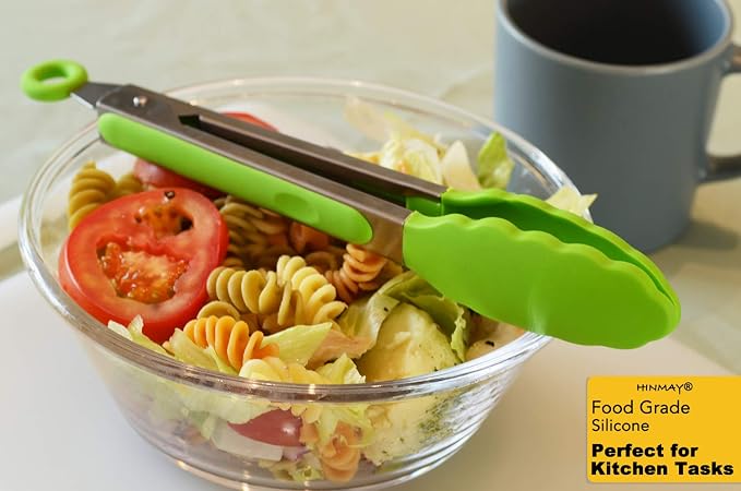 HINMAY Silicone Tongs 9" Stainless Steel Kitchen Tongs, Set of 3 (Green)