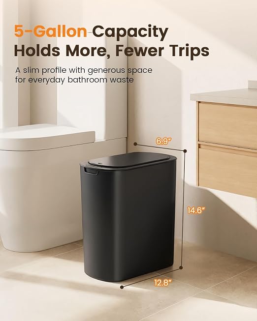 TIPGO 5 Gallon Automatic Bathroom Trash Can with Lid, Black, Touchless | Motion Sensor, Slim Smart Garbage Bin, Plastic Wastebasket, Battery Operated, Manual Button, for Bedroom, Office, RV