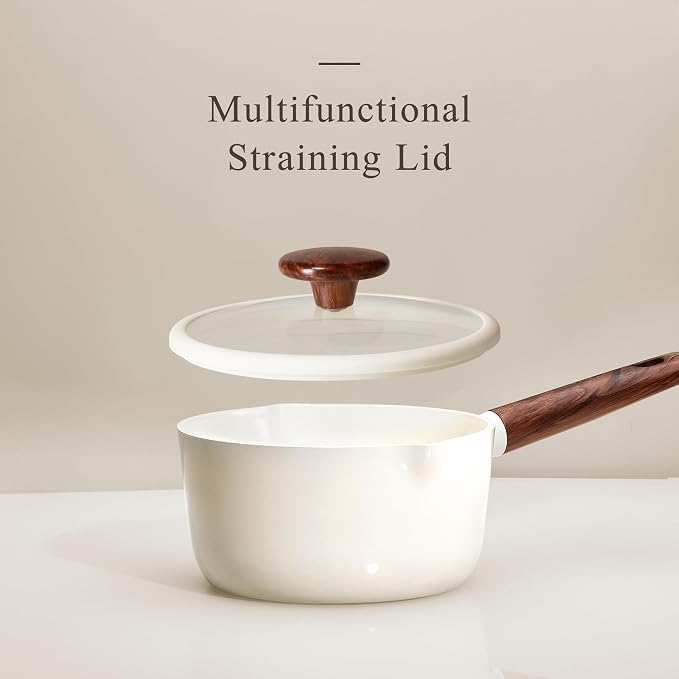 CAROTE 2QT & 3QT Sauce Pan Sets with Lid & Ladle Ceramic Nonstick Pot Set Non Toxic Saucepan Small Kitchen Cooking Pots, Easy to Clean, Induction Comptable, PFAS PTFE Free, White