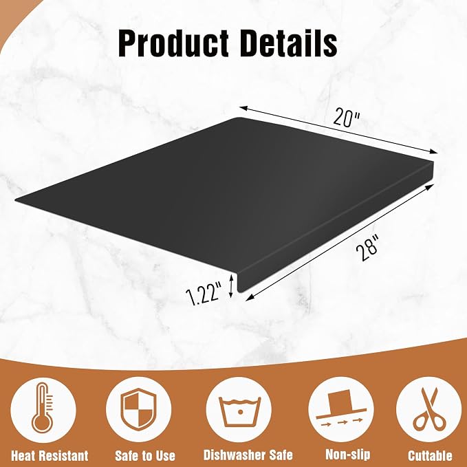 Silicone Mat for Kitchen Counter with Edge Protection – Quartz Countertop Protector, Heat Resistant & Non-Slip, Easy Clean, 100% Food Grade Silicone, 28"x20" (Black)