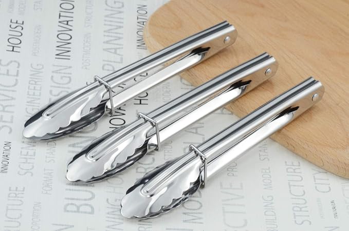 HINMAY Mini Stainless Steel Serving Tongs Small Tongs Set (7-Inch 3 Pieces) | Small Metal Tongs for Serving Food Cooking Salad Grilling