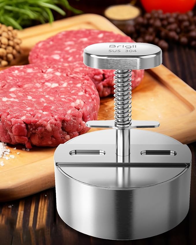 Brigii 304 Stainless Steel Burger Press, 4.5" Hamburger Press Patty Maker | Spring back design, thickness guide 100g-400g, easy release, no coating, no rust, dishwasher safe, for ground beef patties