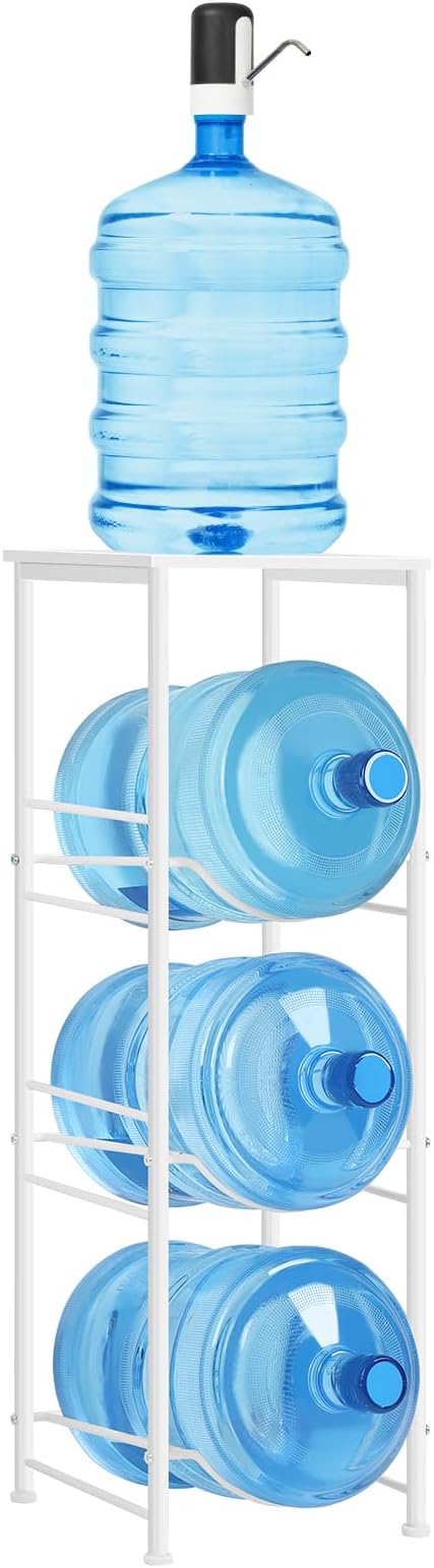 OYEAL 5 Gallon Water Bottle Jug Holder 3-Tier Water Bottle Holder Organizer with Top Shelf, Heavy Duty Water Dispenser Stand Rack for Kitchen Living Room Office, White