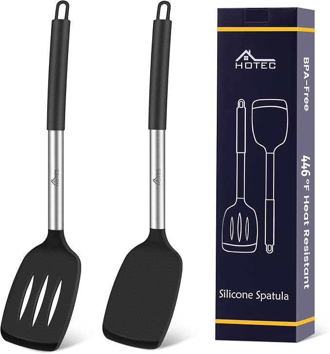HOTEC Silicone Spatula Set of 2, High Heat-Resistant & BPA-Free Kitchen SaptulaTurner with Stainless Steel Handles, Slotted & Solid Spatulas for Nonstick Cookware, 13.7 Inch, Black