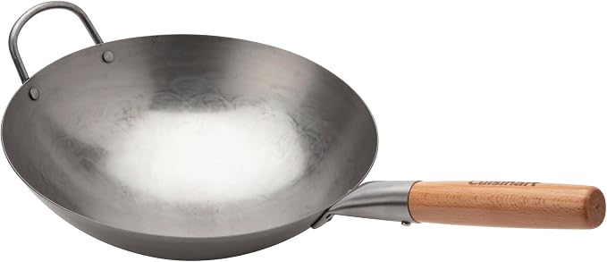 Cuisinart 12” Carbon Steel Hammered Wok, Traditional Round Bottom, Stir Fry Pan with Wooden & Helper Handle for Authentic Asian Cuisine, Wok Hei Cooking Perfect for Stir-Fry, Sauté & Deep Fry