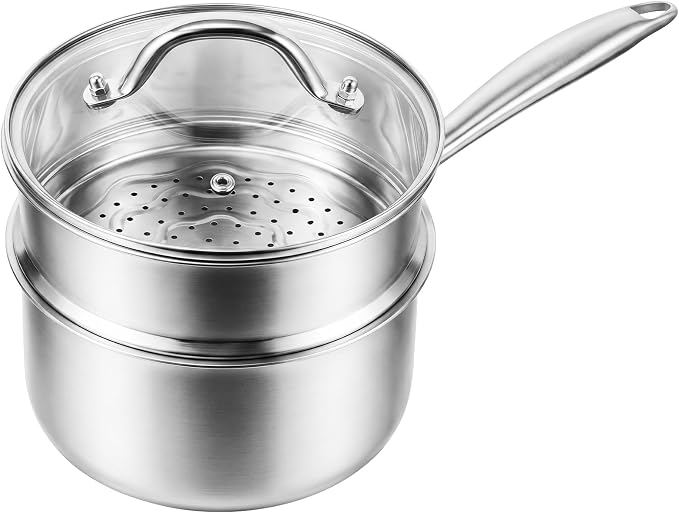 Ohtomber 2.5 Qt Tri-Ply Stainless Steel Saucepan with Steamer Basket & Lid | Nonstick, Saucepan with Stay-Cool Handle, Induction Safe, Medium Cooking Pot, Ideal for Vegetables, Oatmeal, Daily Steaming