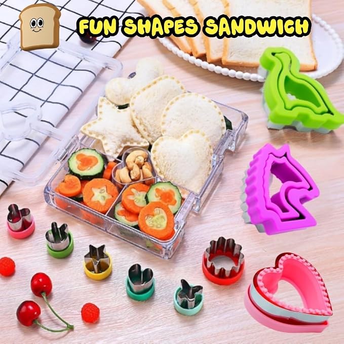 Uncrustable Sandwich Cutter, Crustless Sandwich Cutter and Sealer Set | 26PCS Sandwich Cookie Cutters & Forks, Heart Star Dino Mouse Butterfly Unicorn etc Shapes, Lunch & Bento Box Accessories