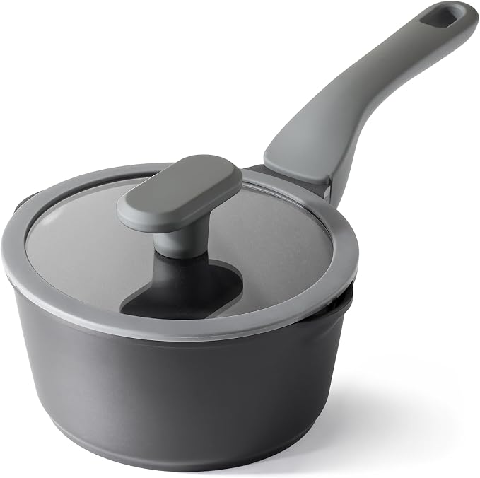 PRICUSIS Ceramic Nonstick Saucepan with Lid, 1.3 Quart Non Toxic Pot with Pour Spouts, Full Coated, 100% Dishwasher Safe, Induction Compatible, PFOS & PFOA Free, Black Sesame
