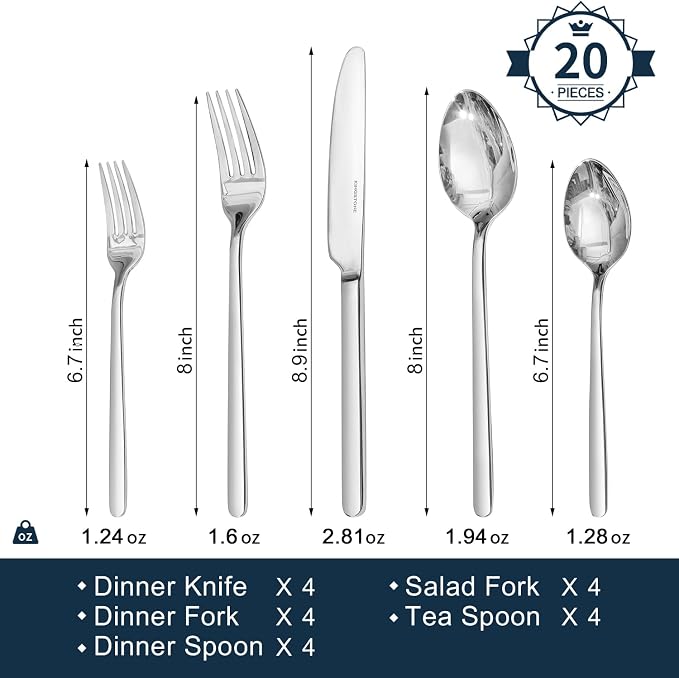 Silverware Set, 20 Piece Flatware Cutlery Set for 4, 18/10 Stainless Steel Silverware Mirror Polished Dishwasher Safe for Home, Restaurant, Wedding, Party(Silver, 20 pieces for 4)