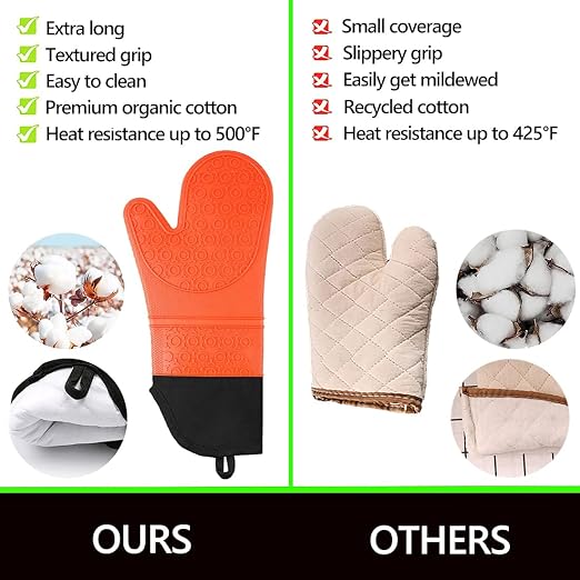 6pcs Silicone Oven Mitts and Pot Holders Sets for Kitchen, Orange | 500°F heat resistant, cotton lining, honeycomb non-slip texture, 15-inch forearm protection, baking cooking gloves