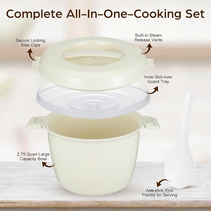 DOITOOL Microwave Rice Cooker 2.75 Quart Rice Steamer Cooker & Microwavable Pasta Maker with Steam Release Vent - 10 Cups Large Vegetable Steamer Bowl -, Dishwasher Safe