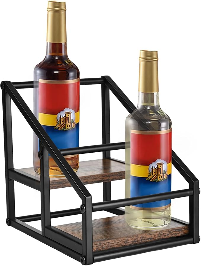 YQBRAO 2-Tier Coffee Syrup Organizer, 4-Bottle Rack, Rustic Brown | Holds 4 bottles in a narrow two-tier footprint for small counters, coffee corners, apartments, and bar carts.