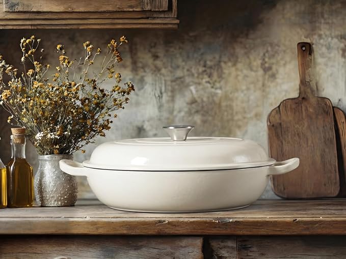 Leonyo 3.6QT Cast Iron Braiser Dutch Oven with Lid, Cream White | Nonstick Enameled Cast Iron Casserole Skillet, Cast Iron Cookware Shallow Dutch Oven with Lid for All Cooktop, Oven Safe