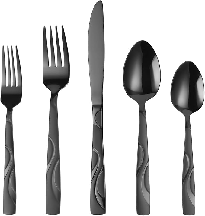 30-Piece Black Silverware Set for 6 | Grade 430 Stainless Steel Flatware Set, Cutlery Set Service for 6, includes Fork Spoon and Knife, Dishwasher Safe