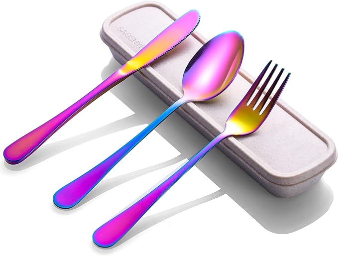 SAOSHYPEI Travel Utensils with Case, 4-Piece Stainless Steel Set, Rainbow | Colorful reusable fork, spoon and knife set for work lunch, school, picnic and travel; portable case, dishwasher safe.