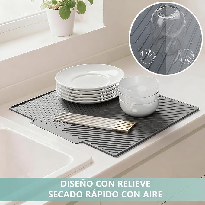 Dish Drying Mat, Silicone Dish Drying Mat for Kitchen Counter, Dish Drainboard with Built-in Drain, Non-silp, Heat Resistant, Dishwasher Safe (Black, 17"x13")