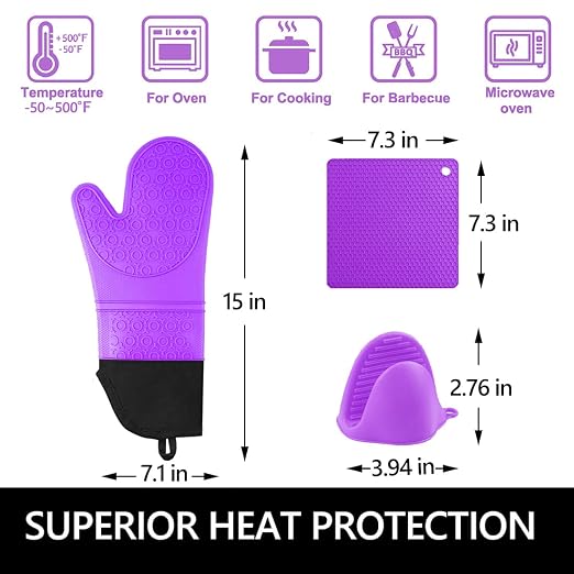 6pcs Silicone Oven Mitts and Pot Holders Sets for Kitchen, Purple | 500°F heat resistant, cotton lining, honeycomb non-slip texture, 15-inch forearm protection, baking cooking gloves