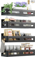 4-Pack Magnetic Spice Rack for Refrigerator with Hooks, Black | Strong multipurpose magnetic shelf for kitchen & bathroom organization. Includes 4 removable hooks for hanging items.