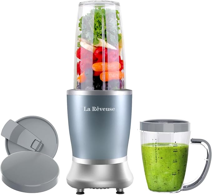La Reveuse Personal Smoothie Blender, 7 Pieces Set, 250W, Pearl Blue | for Shakes Smoothies Dips Sauces, BPA-free, Push to Blend, (1) 15oz Cup, (1) 10oz Mug, Dishwasher Safe, Compact, LARB2501L