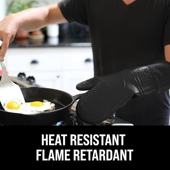BPA-Free Silicone Oven Mitts Ultra Heat Resistant up to 500°F - Oven Mitts with Thick Cotton Liner - Long Slip Resistant Pot Holders, Flexible Oven Gloves - Black 14.7