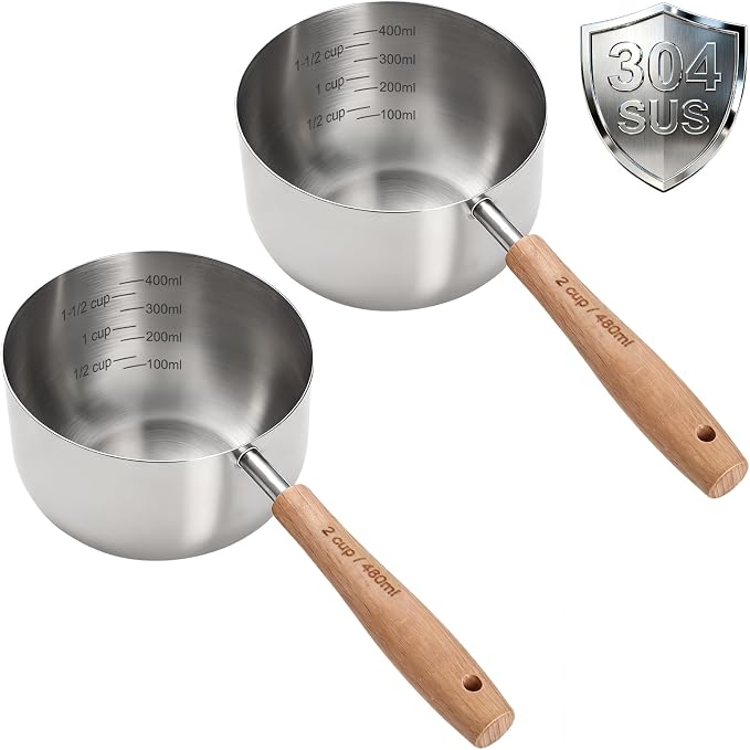 2PCS 2Cup(480ml) Dog Cat Food Scoop, Measuring Cup for Pets & Kitchen | 18/8(304) Stainless Steel, Long Wood Handle, Precise for Portion Control, Etched Scale, BPA Free, Dishwasher Safe