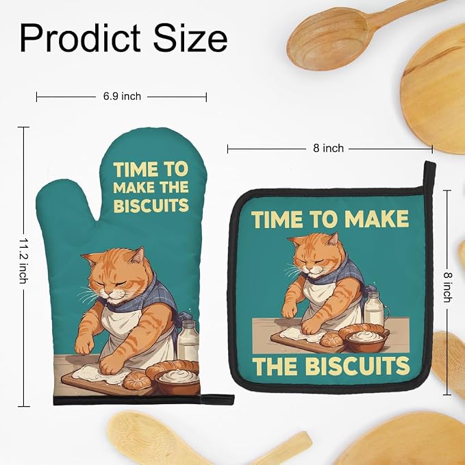 DYJYBMY Time to Make The Biscuits Funny Cat Oven Mitts and Pot Holder Set, Cute Kitchen Gadgets for Pet Lover, Housewarming Gifts for Cat Mom Dad, Bake Lover Gifts for Mom Dad Wife Husband BFF (LLS)