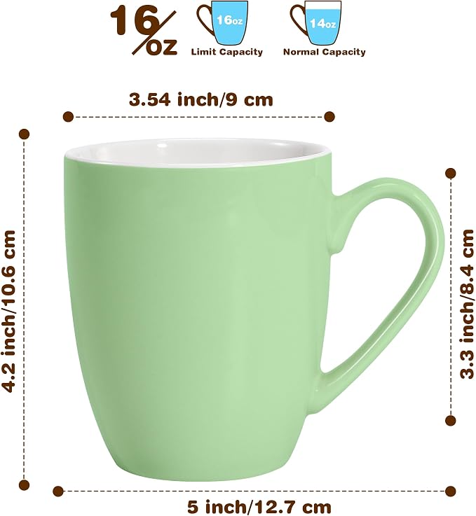 Urbanstrive 16 oz Large Coffee Mugs Set of 4 Ceramic Coffee Mug White Coffee Cups Tea Cups Idea Gift for Women Men House Warming Gifts New Home Office, Mint Green 4 Pack